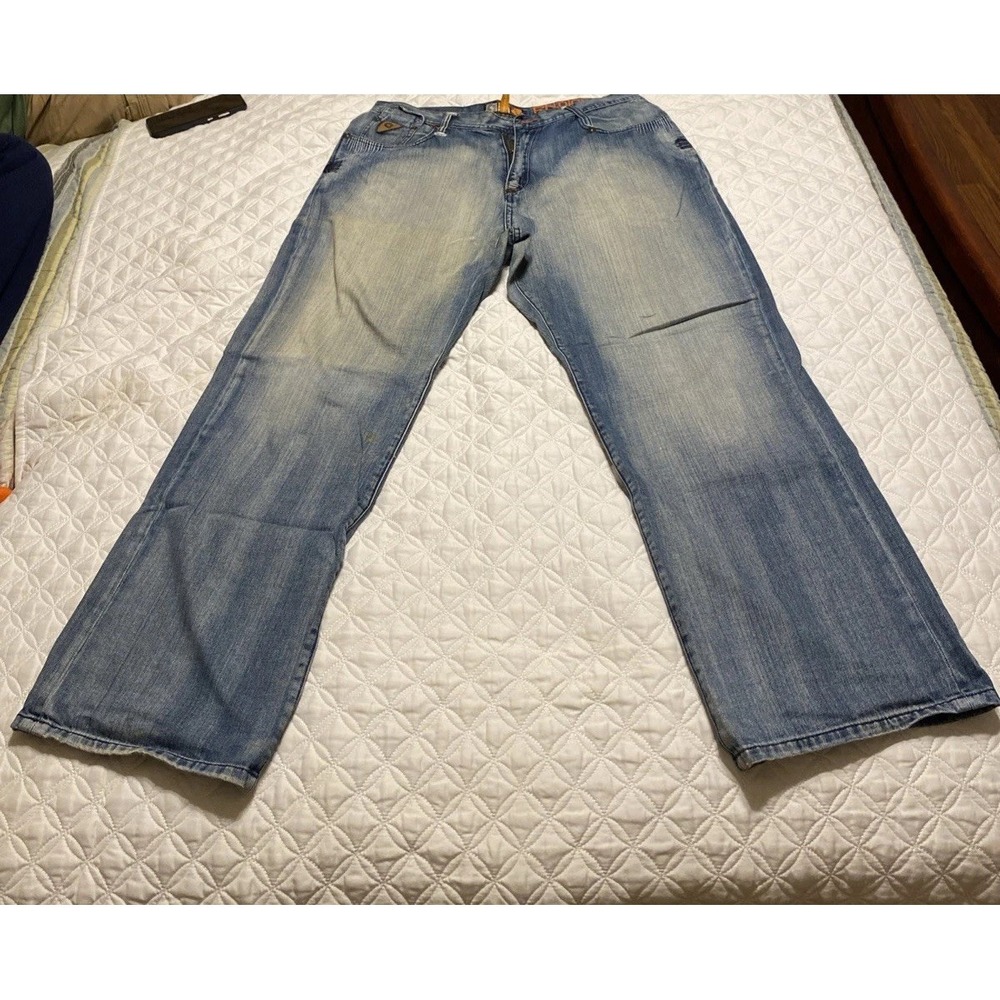 VTG Akademiks Denim Jeans 36 Embroidered Streetwear Missing Button  RN0100964